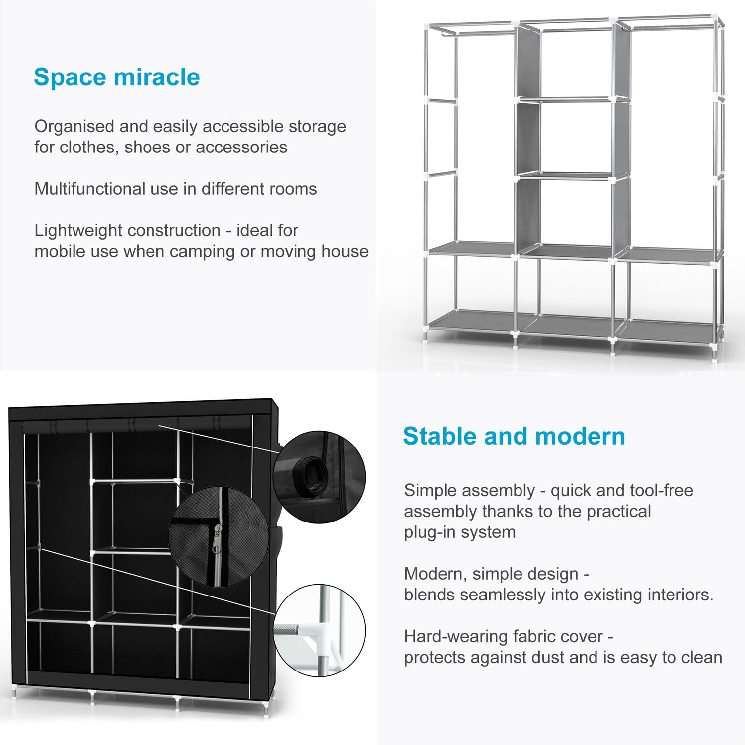 INTIRILIFE Faltschrank 130x175x45 cm in Raben SCHWARZ - mit Reißverschluss Stoffschrank Kleiderschrank mit Kleiderstange, Fächern und Seitentasche - Camping Steckschrank Textil Garderobe