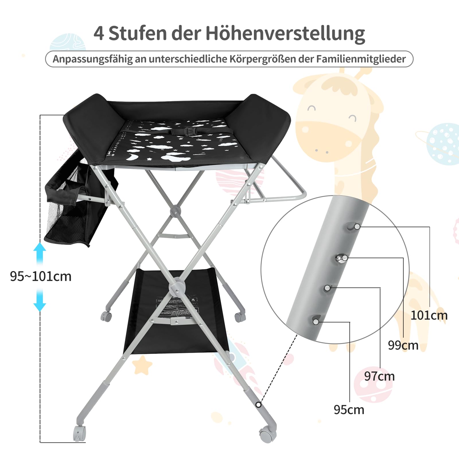 OHMG Baby Table à langer pliable, Table à langer avec roulettes, Table à langer mobile avec matelas à langer, Harnais de sécurité et étagères, Imperméable et réglable en hauteur, Stable