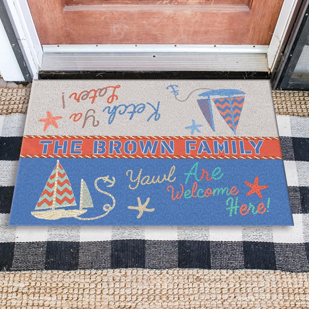 Personalized Coastal Doormat for Beach House – Custom Family Name Nautical Welcome Mat with Anchor and Sailboat Icons – Funny Outdoor Rug for Porch, Lake Cottage, Vacation Home, or Entry Decoration