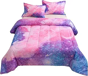 A Nice Night Galaxy Bedding Sets Outer Space Comforter 3D Printed Space Quilt Set Queen Size Glitter Pink Color,for Children Boy Girl Teen Kids