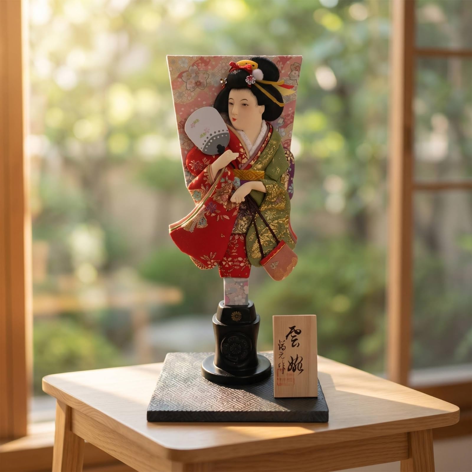Milageto Hagoita Japonesa Muñeca Figura Tradicional con Base de Madera Adorno Decorativo Escultura de Colección Ornamento Artesanal Diseño Textil y Adecuada, Negro