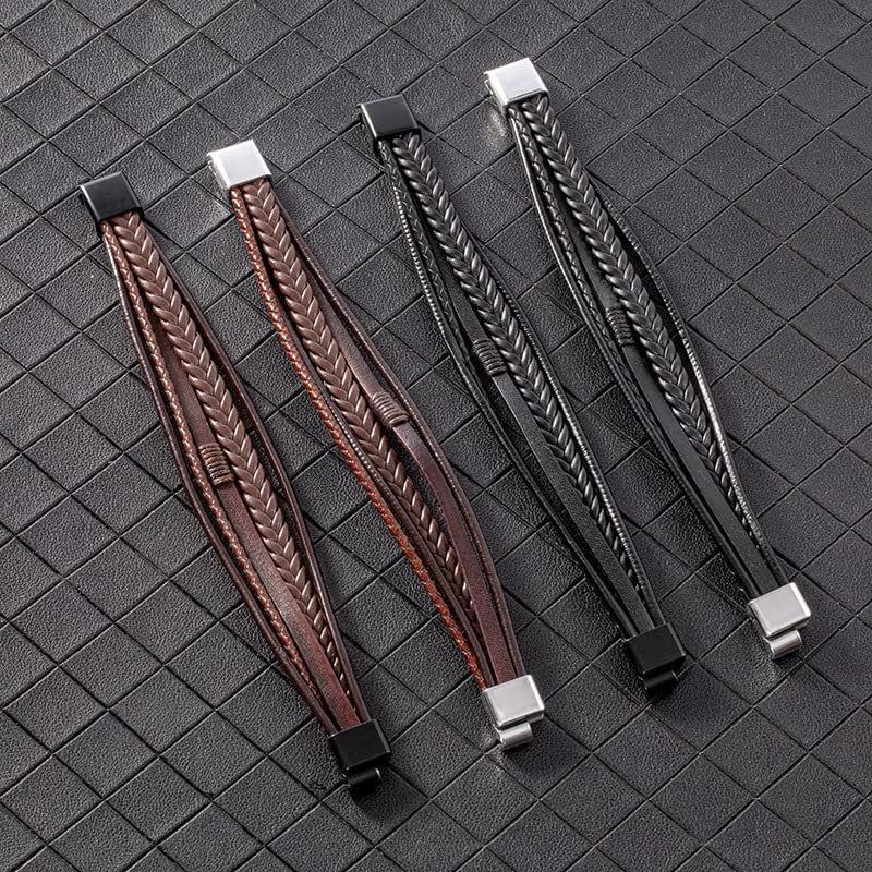 Men's Black Leather Multi-Strand Bracelet Casual Brown Braided Bracelet thumbnail