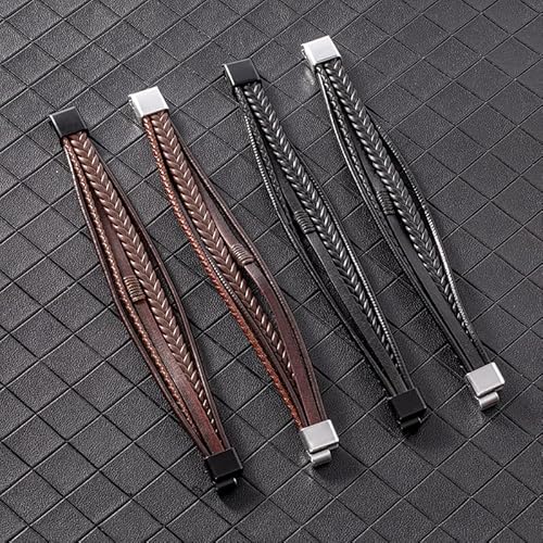 Arcutina Men's Black Leather Multi-Strand Bracelet Casual Brown Braided Bracelet (Brown With Black Clasp, Length 8.3'') #TOP4