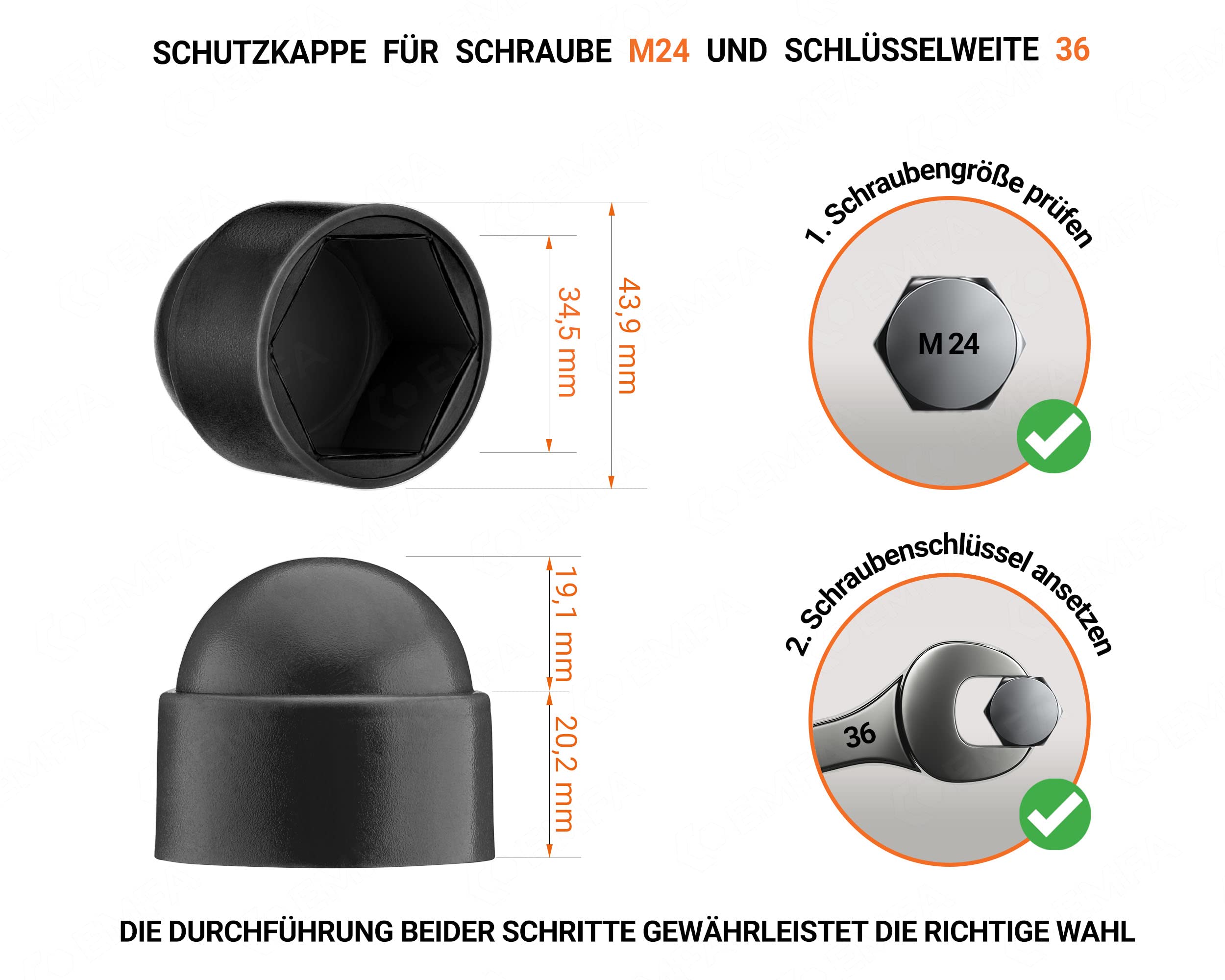 Cappucci copri-dado bulloni M24 (chiave 36) Nero cappucci di protezione per viti 50 pezzi Cappucci protettivi esagonali Tappi plastica EMFA ®