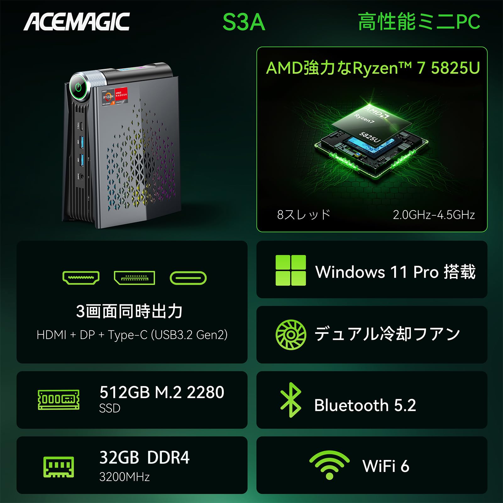 Amazon.co.jp: ミニPC 高性能 【AMD Ryzen7 5825】【32GB DDR4 3200MHz