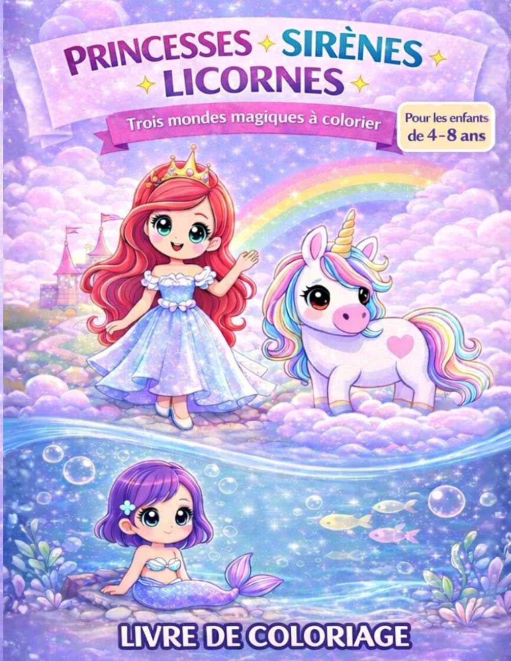 Princesses, sirènes et licornes: livre de coloriage pour enfants de 4 à 8 ans. 50+ illustrations de princesses, sirènes et licornes. Des dessins variés pour stimuler l'imagination.