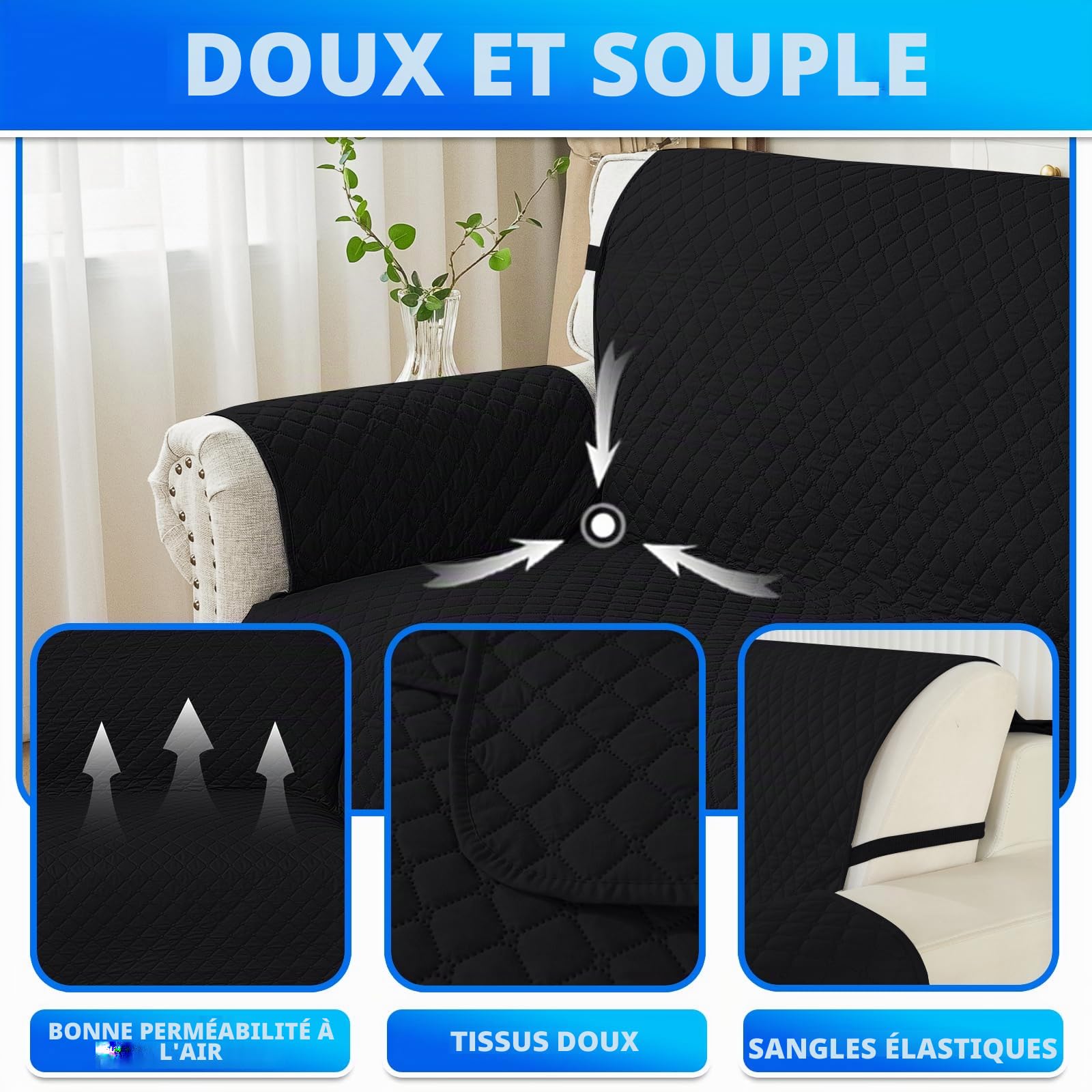 Impermeable Housse Canape d'angle 3 Places, Housse Canapé d'angle avec Gauche/Droite Réversible, Antidérapante, pour Chiens Et Chats, Noir