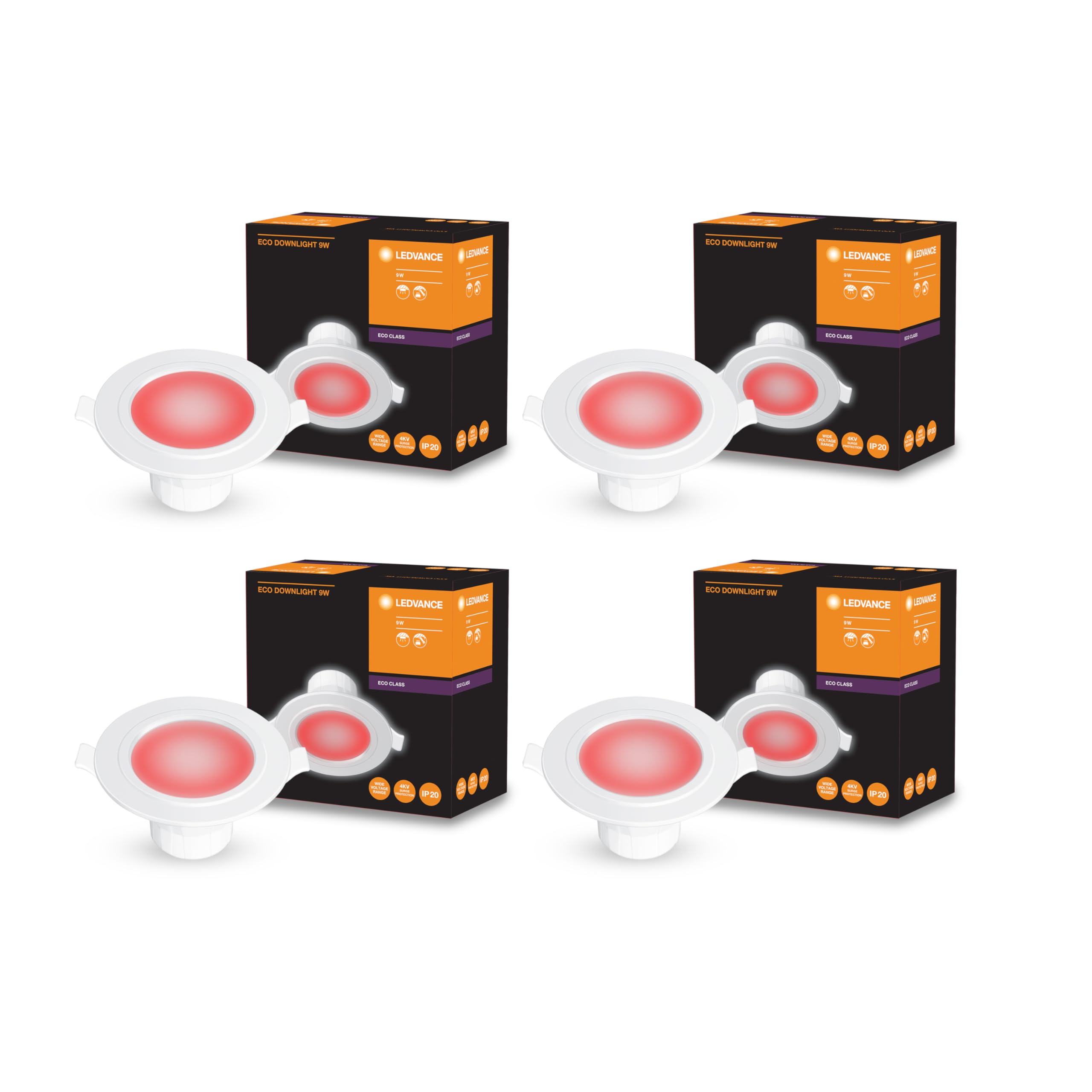 LEDVANCE 9W LED Downlight with Junction Box | Round Shape | Energy-Efficient Ceiling Light | Red Color | Pack of 4