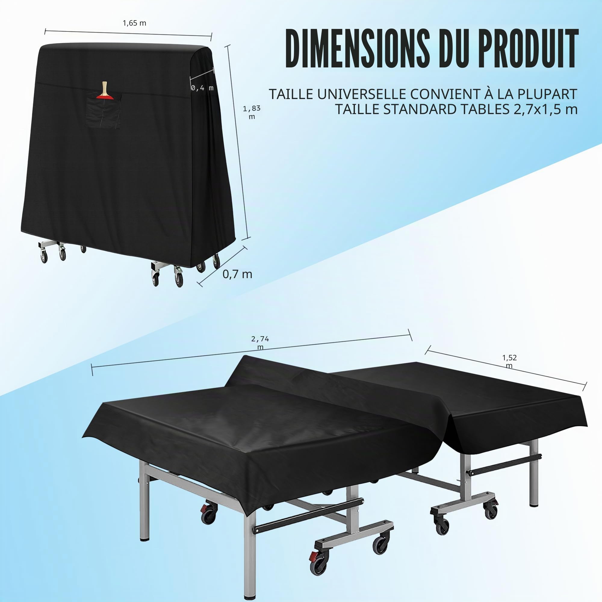 Housse de table de ping-pong 600D universelle, 2,3 x 1,5 m, imperméable, résistante au soleil, convient aux tables pliantes et plates, noir, tissu Oxford