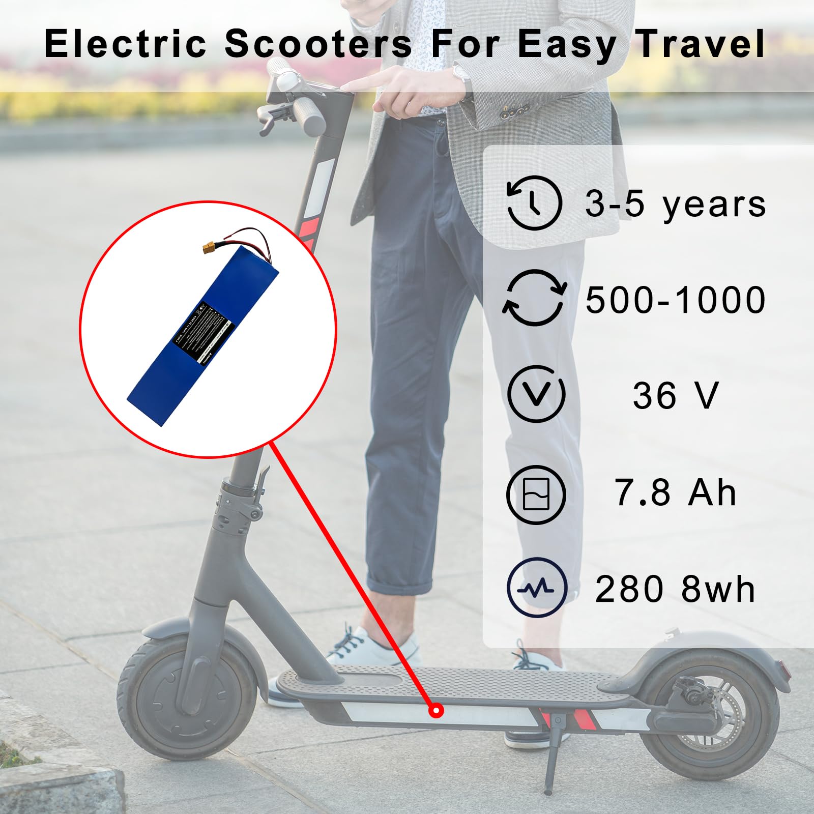 36V 7.8Ah Electric Scooter Extended Capacity Battery, Replacement for Hover-1 Journey Rechargeable, 11.41 x 2.75 x 1.37 inches