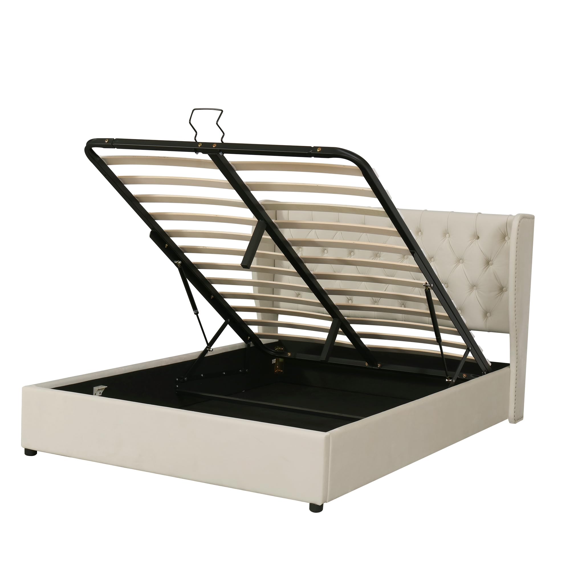 Zepneiy Lit 180x200 avec Sommier à Lattes, Lit Coffre Rembourré 180x200 en Forme d'oreille avec hydraulique Espace de Rangement, Cadre de en Tissu Velours Anti salissures Beige (sans Matelas)