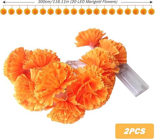 Miniatura 5 de Dia de Los Muertos, decoración del Día de los Muertos, 2 unidades, guirnalda de caléndula iluminada, flores artificiales de caléndula de 118