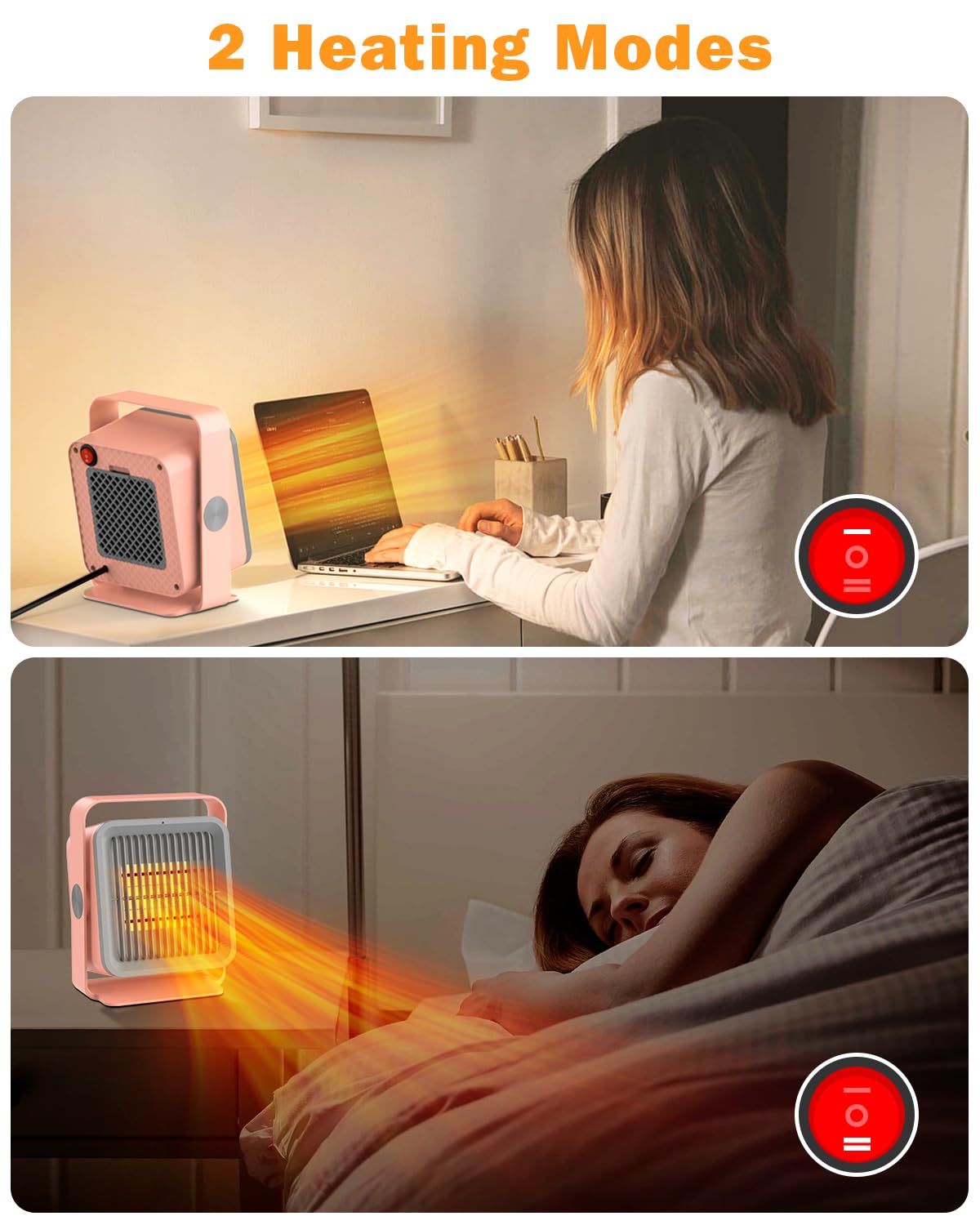 XIUREI Space Heater, Desk Heater with 600W, 45Â° Adjustable Angle, Tip-Over & Overheat Protection, Dual Heat Settings, Small Electric Heater for Indoor Office Use, Pink