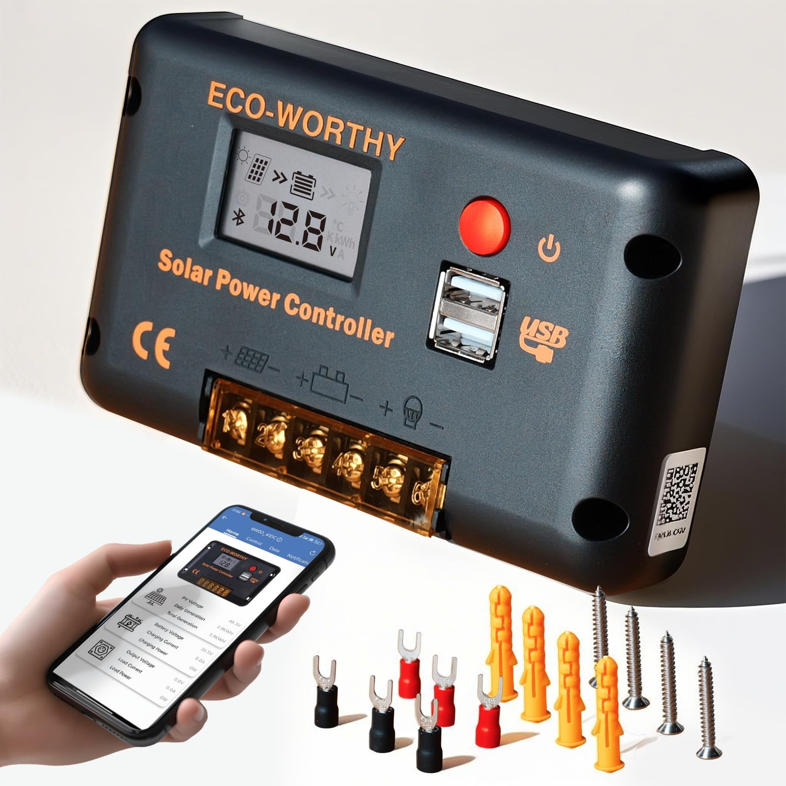 ECO-WORTHY Regulador de Carga Solar 30A Controlador inteligente para paneles solares y baterías con 2 puertos USB 12/24 V PWM Apto para bateria lifepo4, plomo-ácido y gel