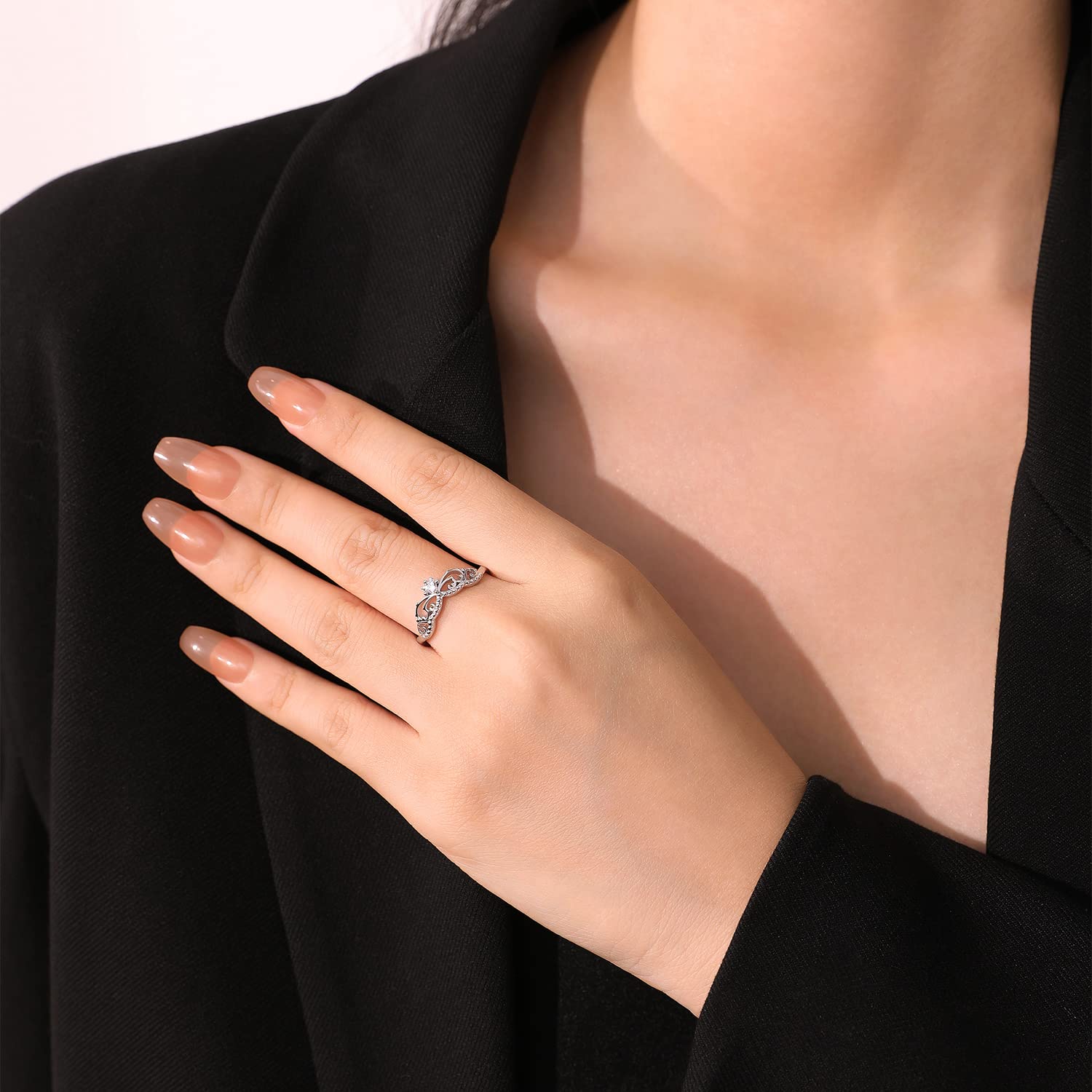 Meissa Anello Tiara in argento 925 Anello della corona principesca per le donne Unico anello di promessa regolabile con retro aperto Regali per le ragazze, Argento