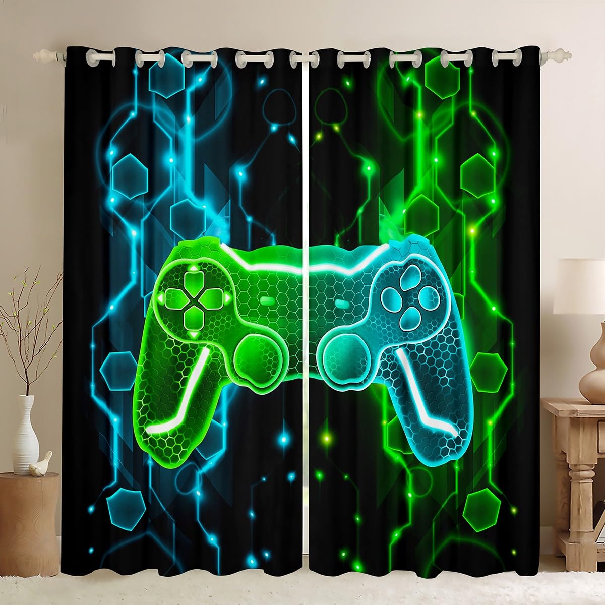 Homemissing Kids Gamer Curtains for Bedroom Game Controller Darkening Drapes W66*L72 Boys Gaming Gifts 30%-50% Blackout Curtains Gamepad Pattern Green Teal Blue Window Treatments