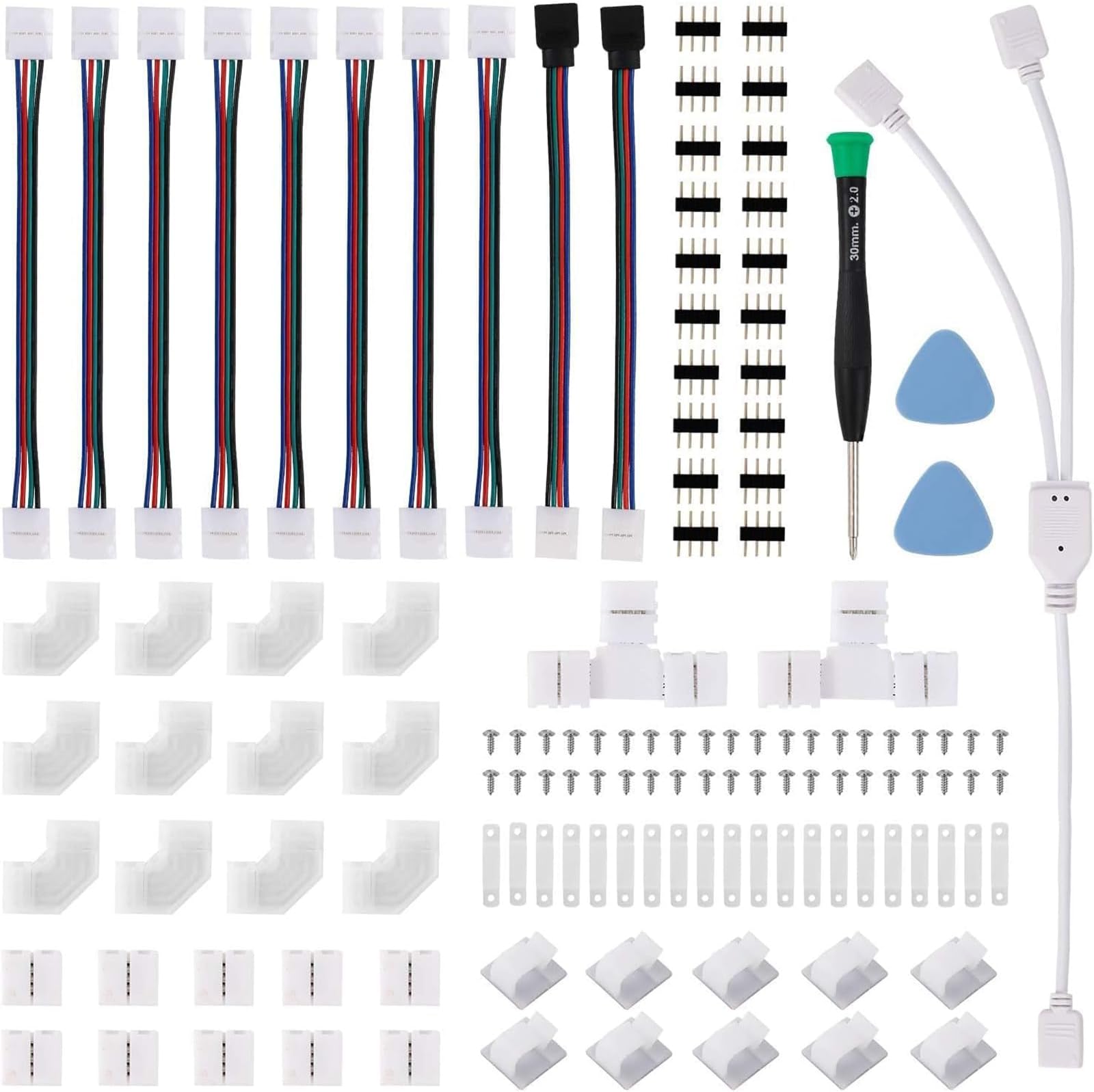 THE WHITE SHOP LED Strip Light Connector Kit, Led Strip Accessories Set for 5050 4 Pin 10mm RGB Led Light Strips with Connectors Clips and Tools Include 8 Types of Solderless Accessories Provide Most