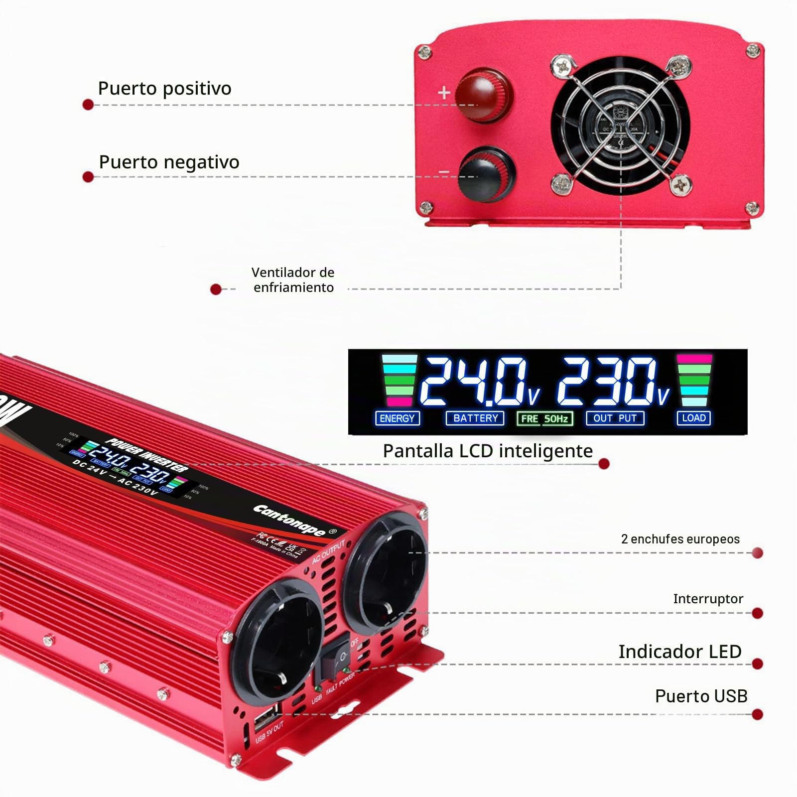 Cantonape Inversor 24V 230V, 1500W/3000W Inversor de Corriente