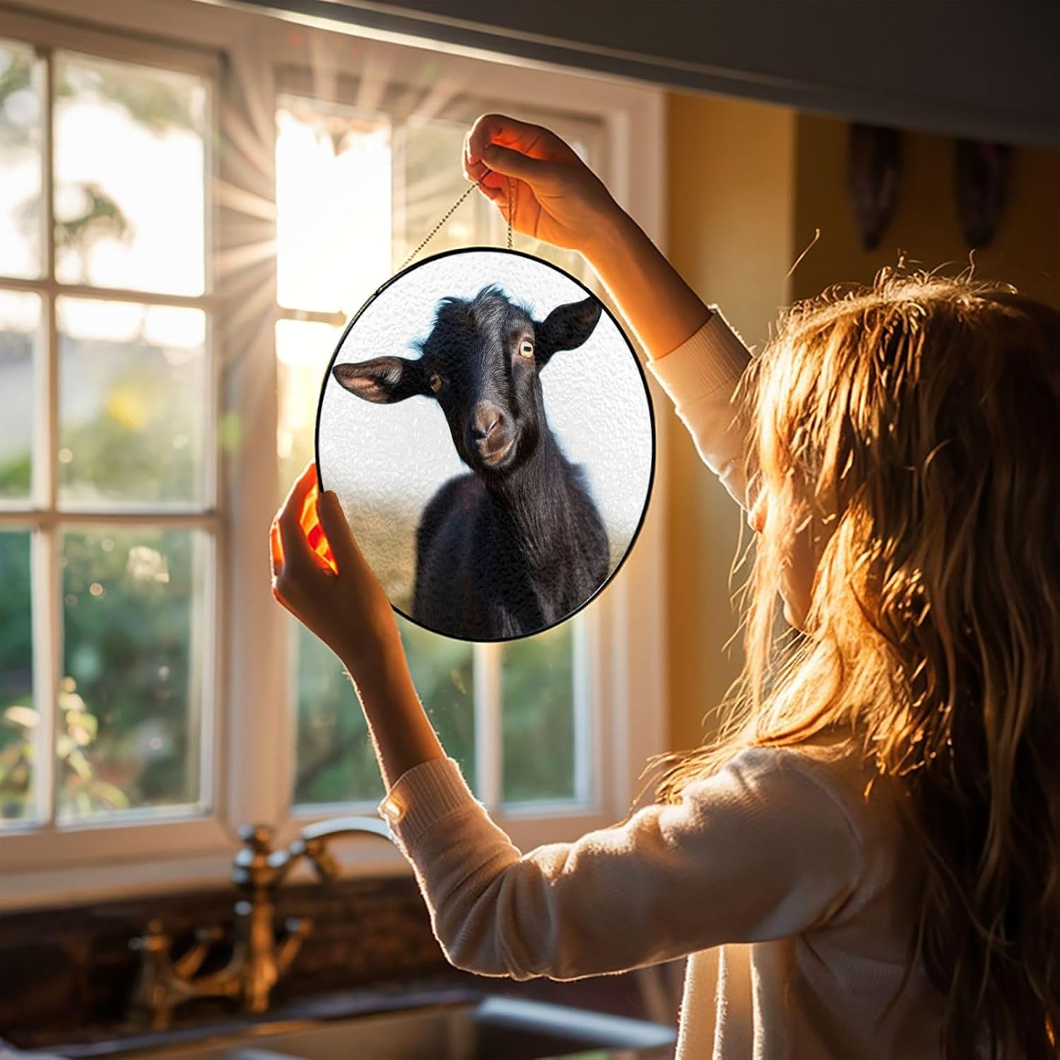 Stained Glass Window Hanging 6in（15cm）, Cute Black Goat Animal Glass Suncatcher for Home Decor, Indoor Wall Art Glass Panel with Metal Chain and Hooks, Sun Catcher Ornament Birthday Gifts