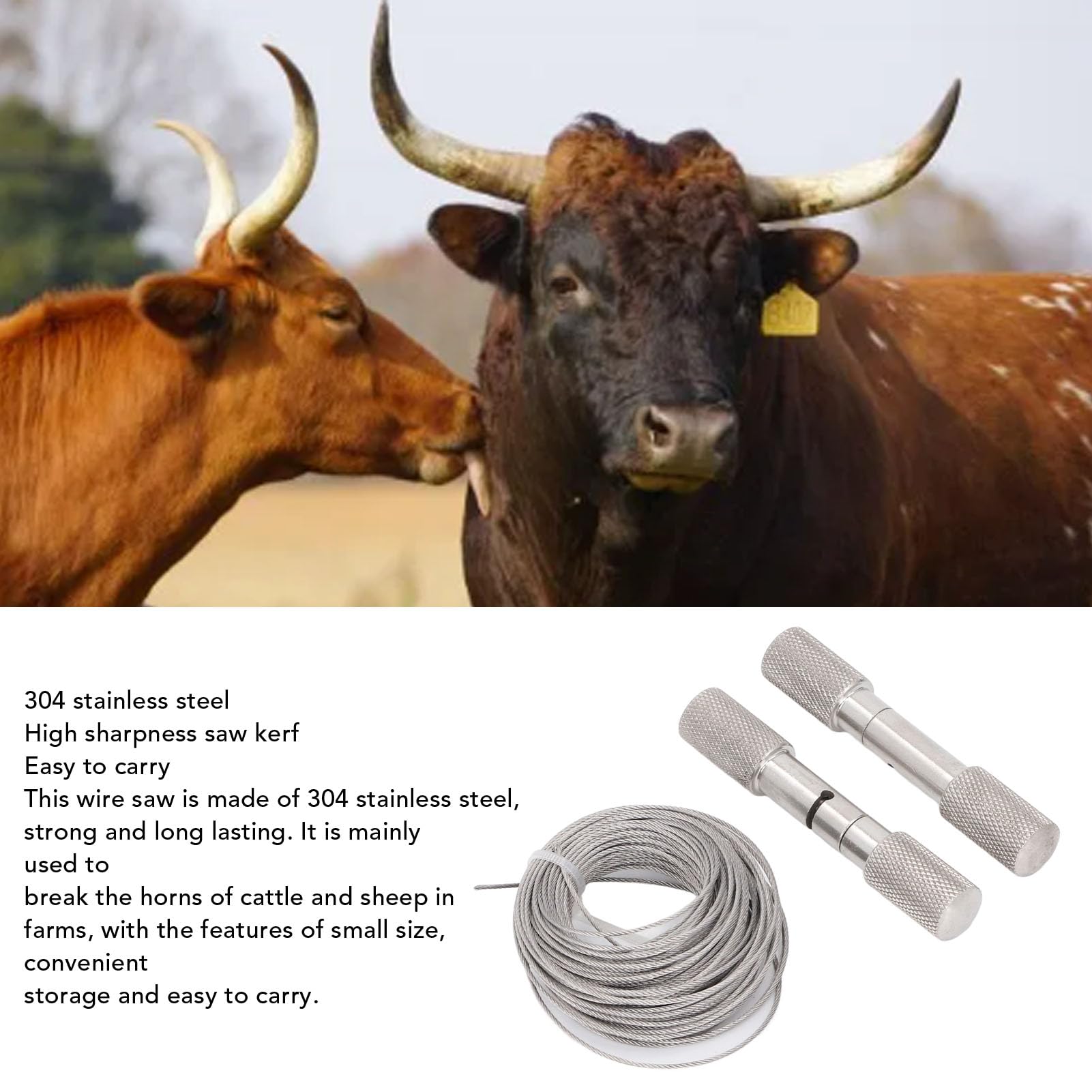 Scie à fil de corne, scie à câble en acier inoxydable, scie à corde de poche manuelle, outil de coupe d'écornage de corne avec poignées pour urgence de vache et de mouton