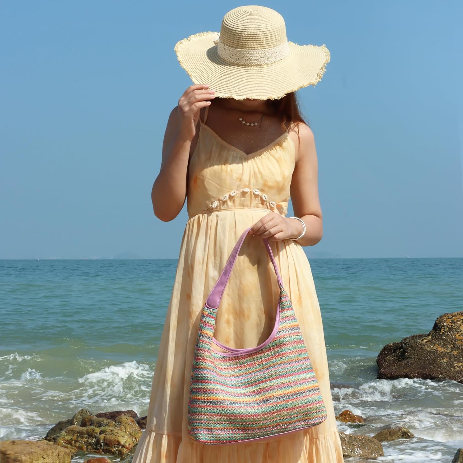 KUANG! Shoulder Bag for Women Straw Woven Tote Bag Summer Beach Bag Handbags