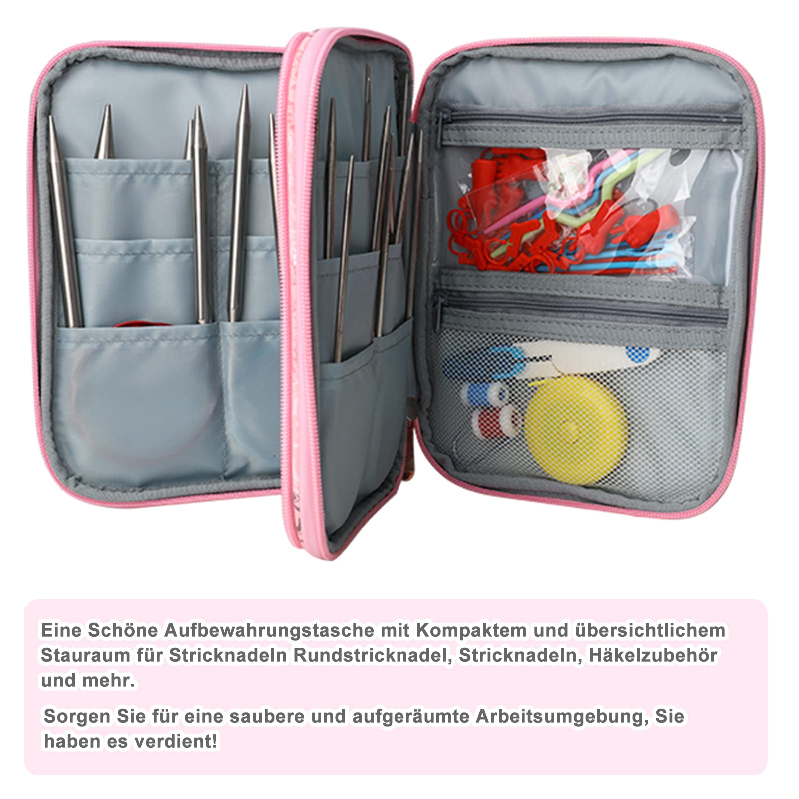 Coopay Borse per maglieria per lana e aghi, borsa per maglieria con custodia per spilli, scomparto con cerniera per ferri da maglia fino a 40 cm, borsa da viaggio per progetti di
