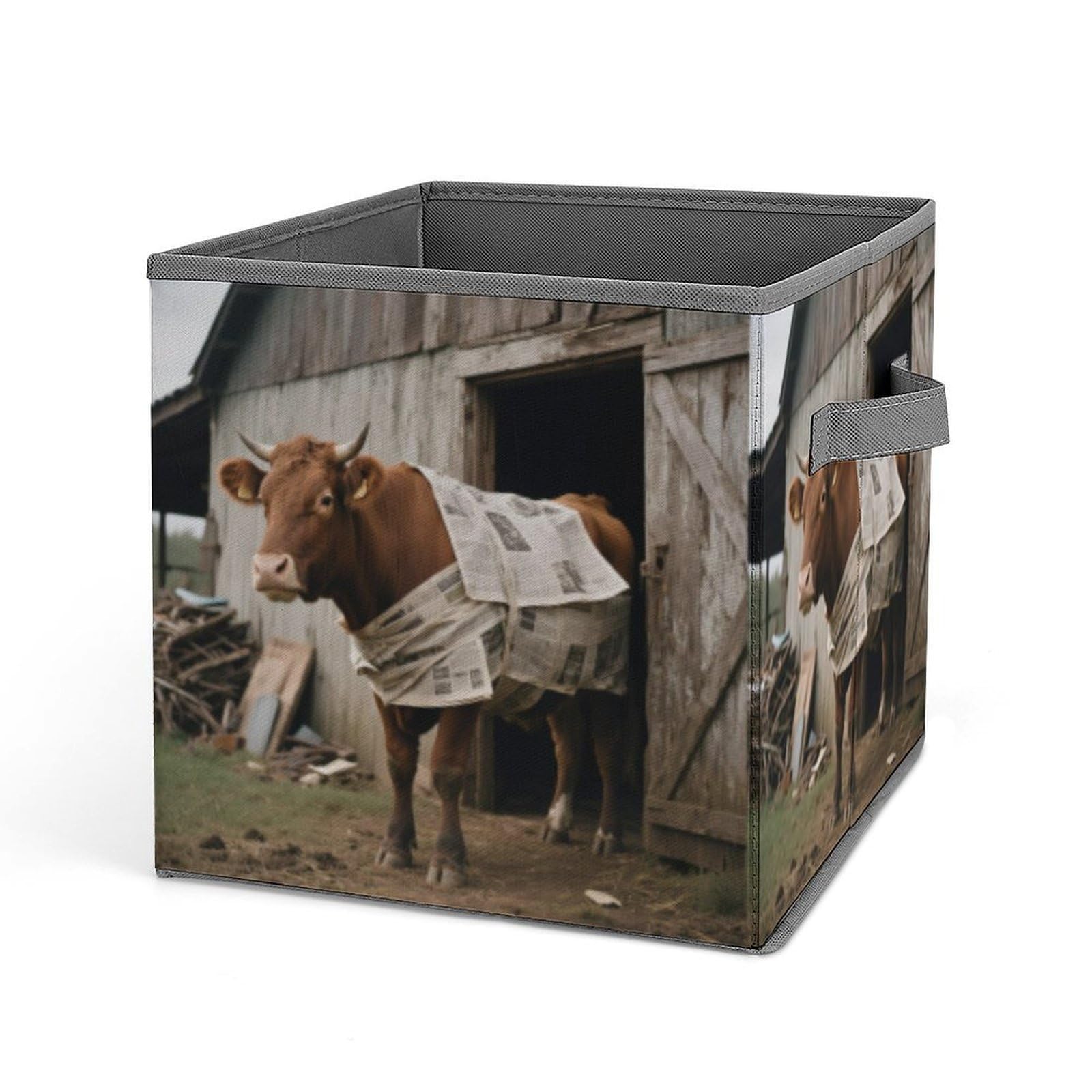 DWVTSLH Newspaper Cow Cube Storage Bins with Handle, Foldable Storage Cubes, 11 Inch Large Storage Baskets, Washable Fabric Closet Organizer for Shelves, Decorative Clothes Storage Boxes