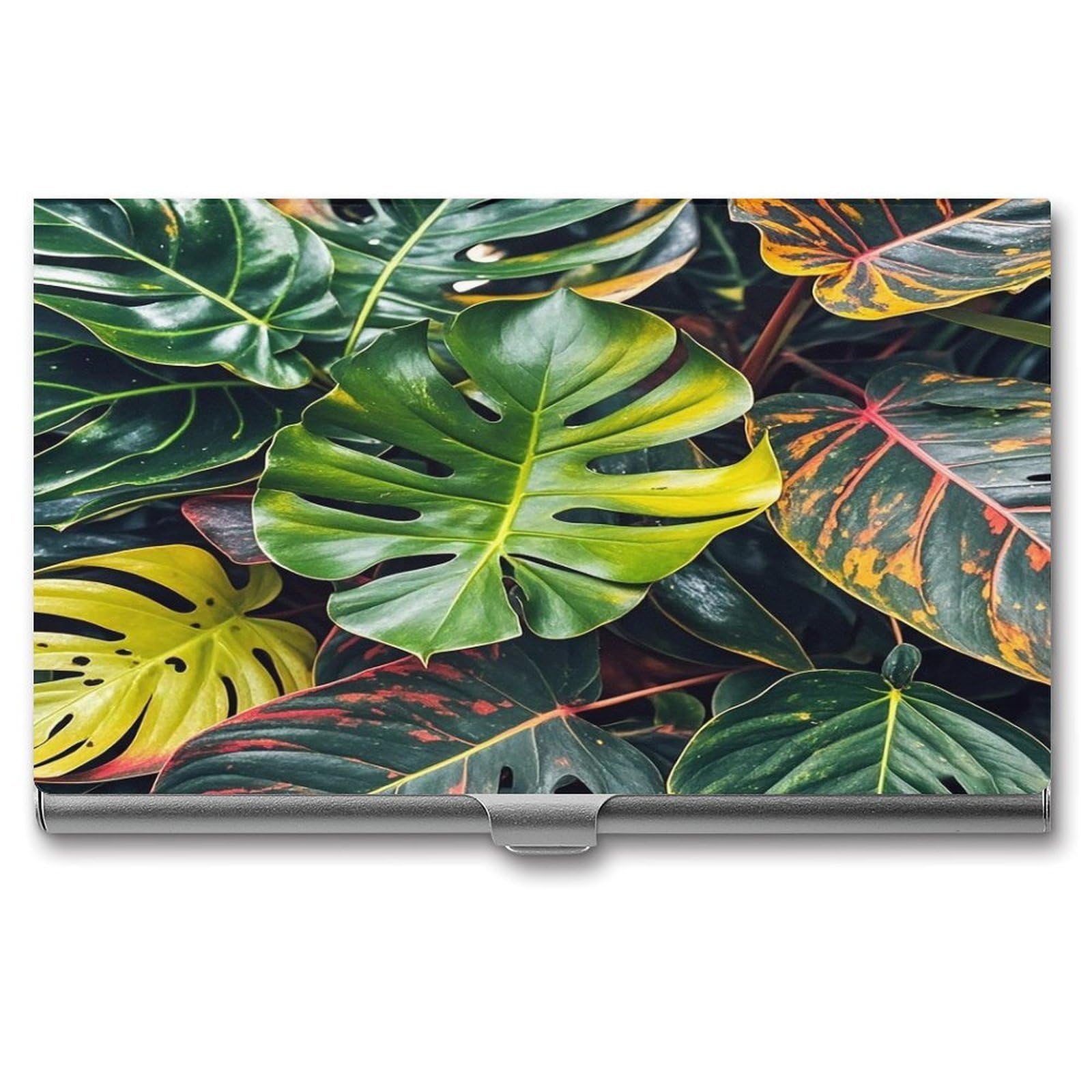 FekiLoot Colorful Tropical Leaves Pattern Business Card Holder Aluminum Alloy Business Card Case Convenient to Carry Business Card Dispenser for Men Women