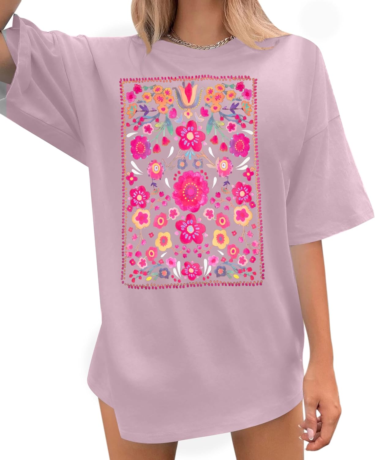 Womens Oversized Tshirt Flower Graphic Tees Boho Hiking T Shirt Vintage Wildflower Shirts Summer Casual Beach Tops