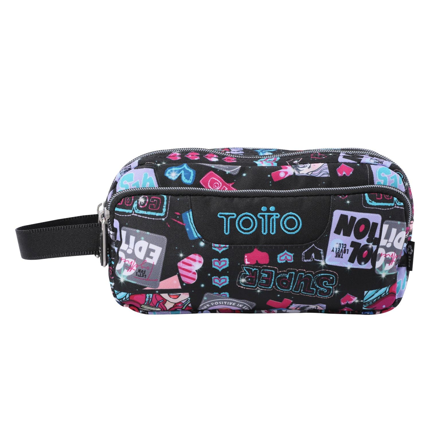 TOTTO - Estuche Escolar 3 Compartimentos, Modelo Agapec, Estuche Grande, Dimensiones 23 x 11.5 x 10.5 cm, Asa Lateral, Tiradores Ergonómicos con PVC, Tejido Resistente, Estampado Misato