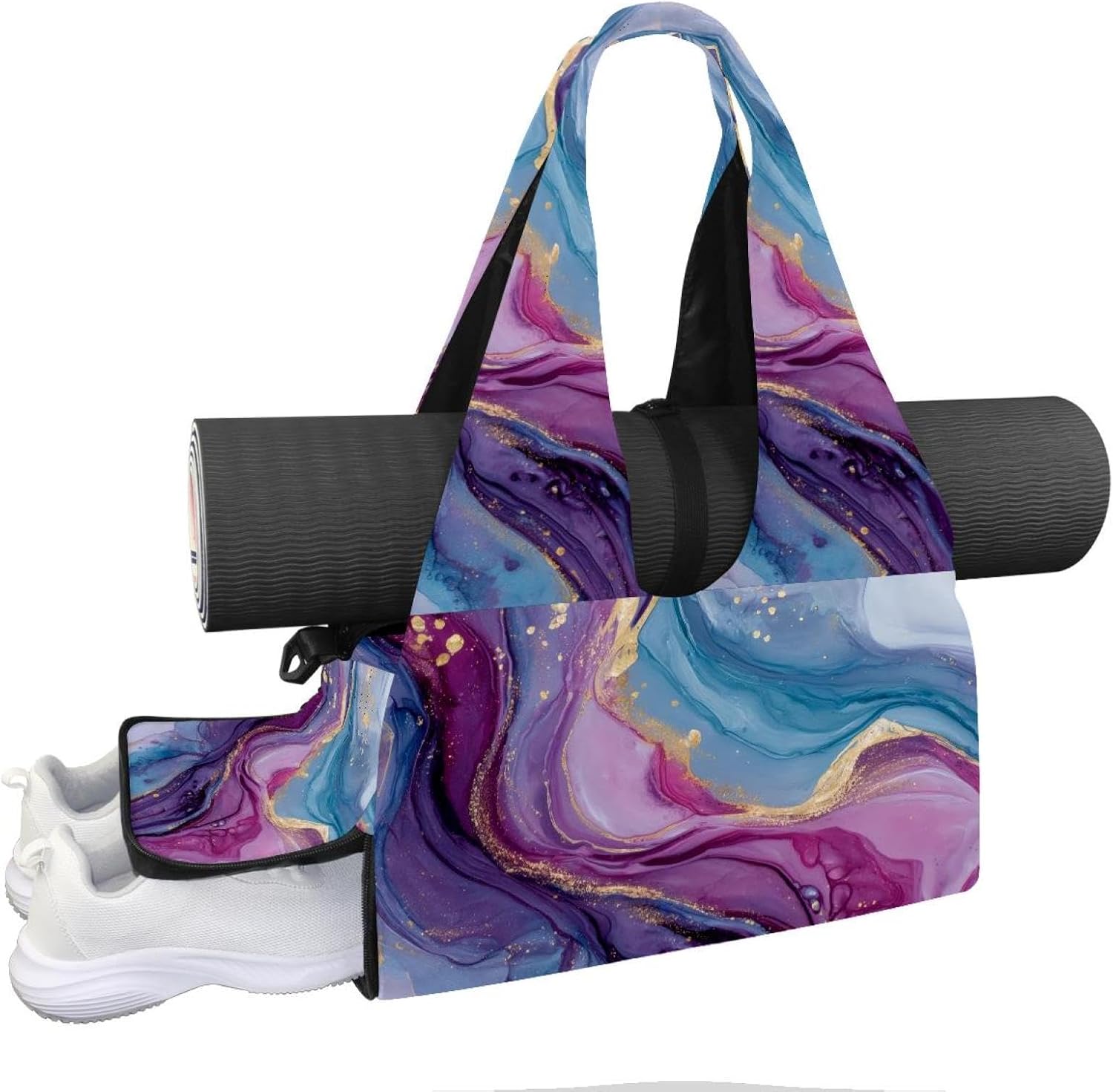 Yoga Mat Bag, Gym Workout Bag with Shoe Compartment, Teal Green Gold Marble Pilates Bag for Women, Quick Access Storage Yoga Tote Bag for Sports Travel Office