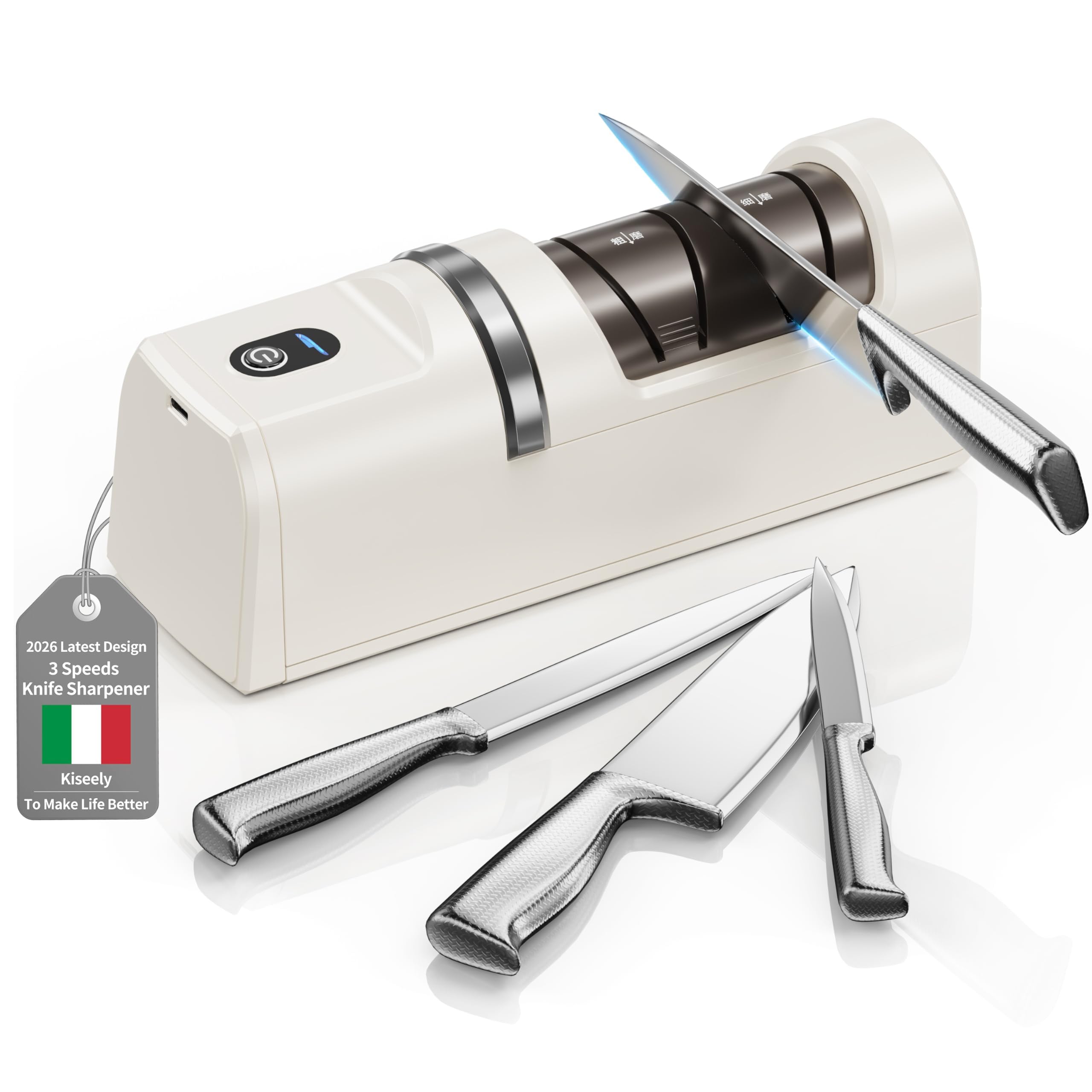 Affilacoltelli elettrico, Sistema di affilatura coltelli 5 in 1 con 3 velocità, affilacoltelli professionale ricaricabile con diamante per affilatura grossolana e fine (bianco)
