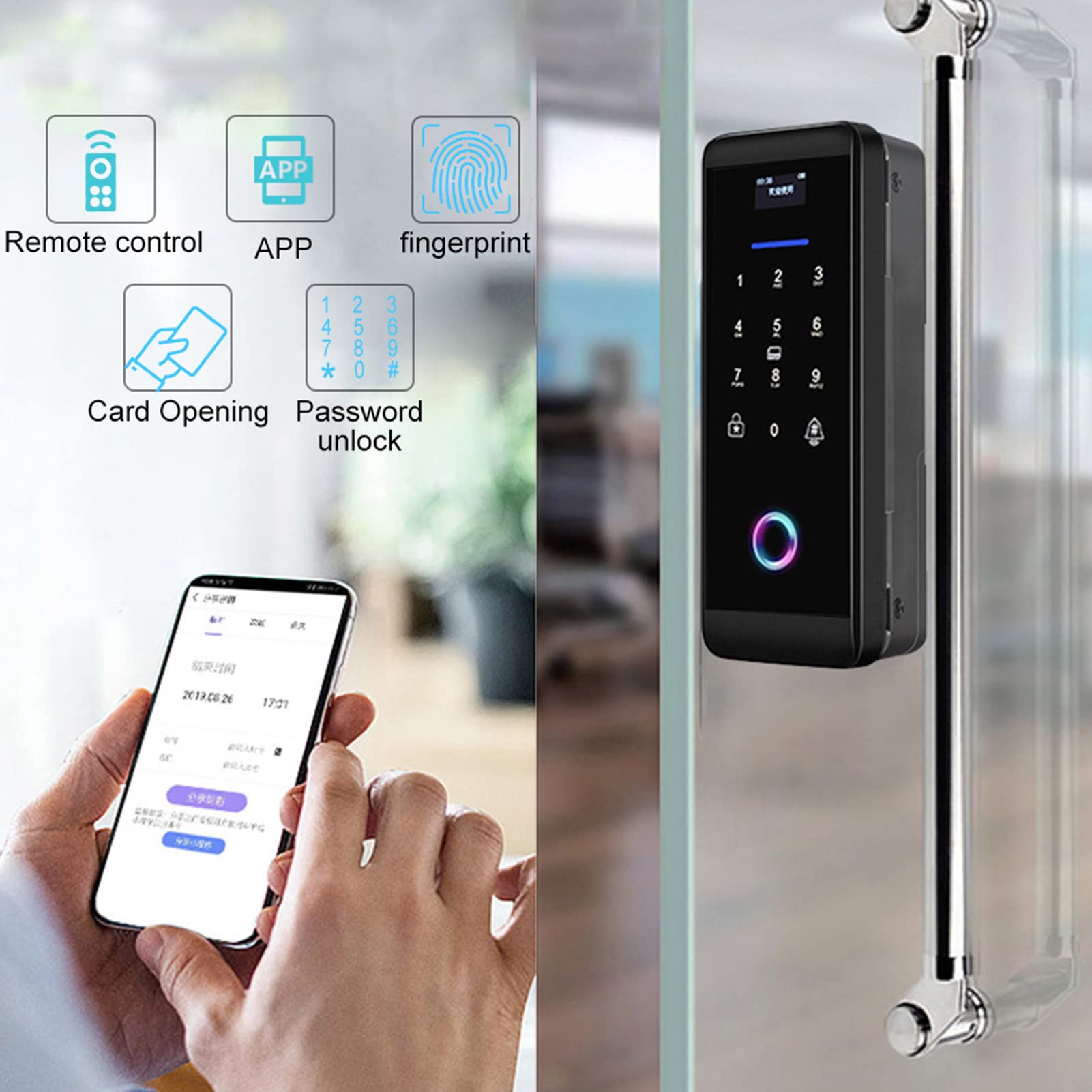 Cerradura de Puerta de Vidrio Inteligente, Seguridad Electrónica, Contraseña Biométrica de Huellas Dactilares, Tarjeta IC, Aplicación Bluetooth, Desbloqueo Remoto, Sistema de Control de(negro)