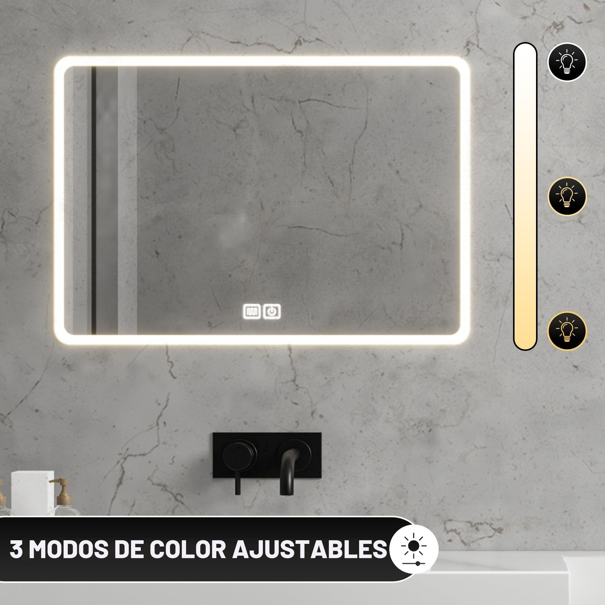 Bayt Espejo de Baño LED con Luces, 52 x 75 cm: Espejos de Baño LED Regulables en 3 Colores con Retroiluminación | Espejo de Rectangular Antiniebla, Iluminado y para Montaje en Pared