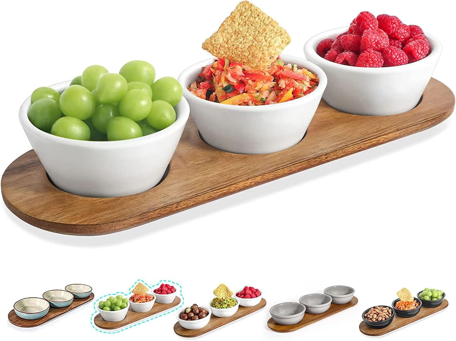  | Artena 10oz Ultra-fine Porcelain Chips and dip Serving Platter with Acacia Wooden Tray, 4.75inch White Dipping Bowls,Small Serving Bowls for Condiments, Side Dishes, Pre, Dessert, Salsa, Entertaining: Chip & Dip Sets