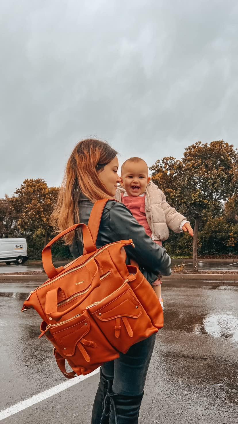 Leather Diaper Bag Backpack, Diaper Bag Tote Travel Tote Bags with Large Capacity and Multiple Pockets
