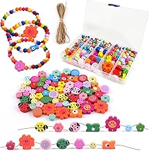 Deepton Holzperlen zum Auffädeln, Holzperlen Bunt, Perlen zum Auffädeln Kinder ab 2 3 4 Jahre, Perlen Set Kinder, Etwa 400 Stück Bastelperlen für DIY Armbänder Schmuck Halsketten