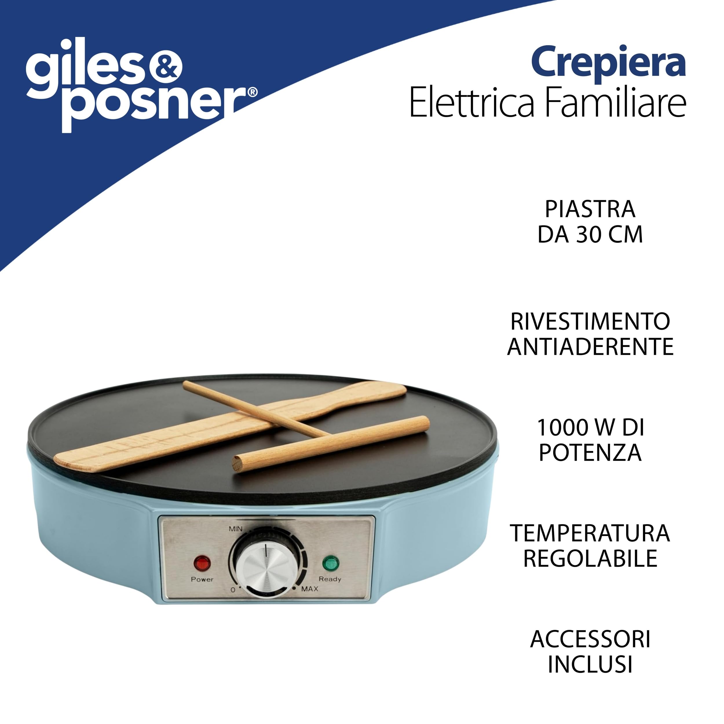 Giles & Posner Crepe Maker Piastra Elettrica Antiaderente 30 cm 1000W Temperatura Regolabile Blu