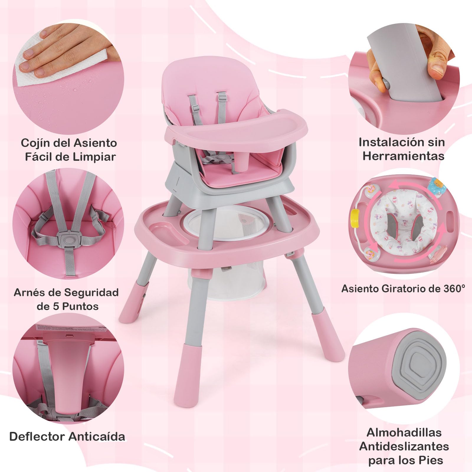 COSTWAY Trona Evolutiva Bebé 16 en 1, Trona Bebé con 3 Alturas Ajustables, Asiento Giratorio 360°, Bandeja con 3 Opciones y Mesa de Doble Cara, Silla de Comer para 6-36 Meses (Rosa)
