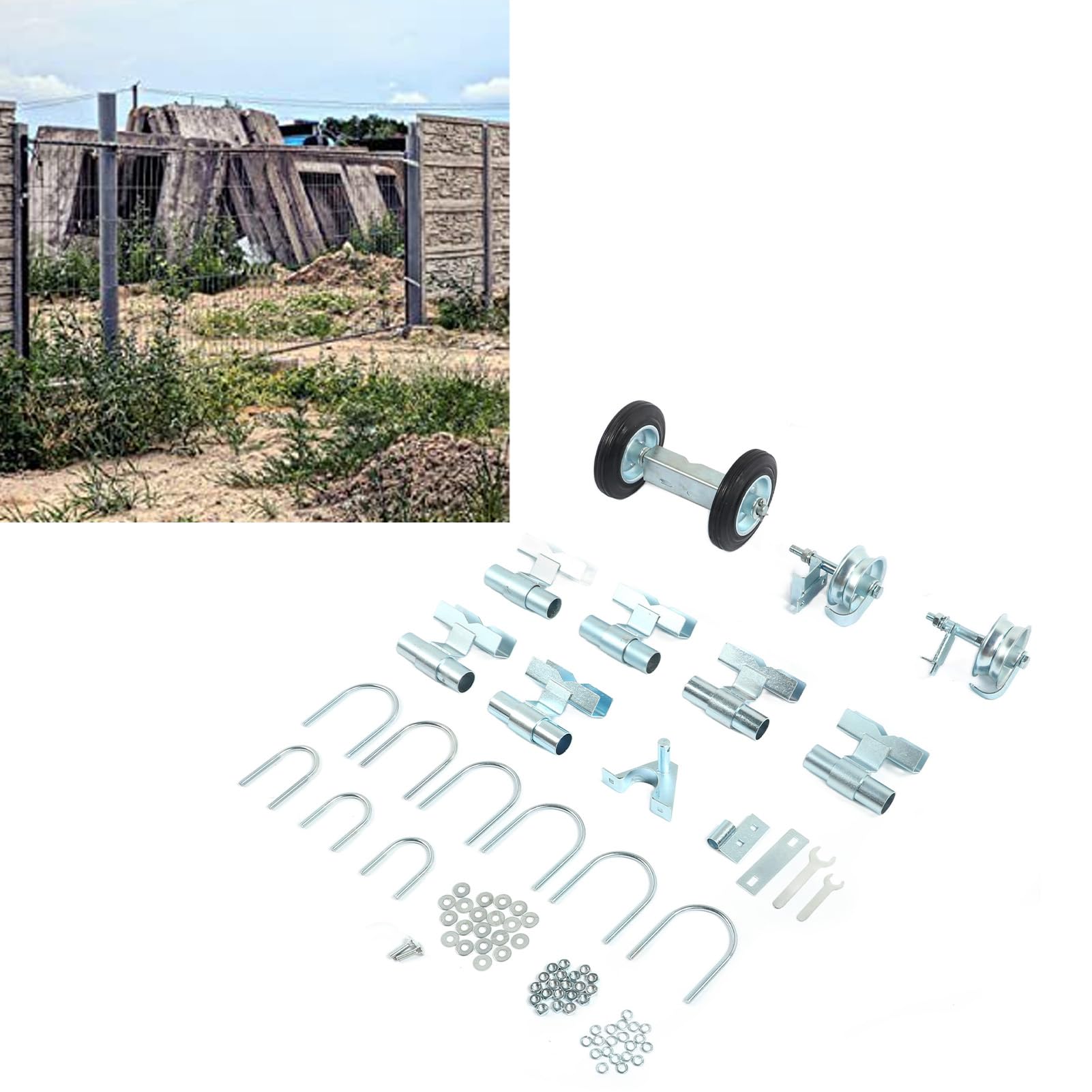 Ejoyous Koło Bramy z Ogniwem łańcucha Rolkowego Koło Nośne Bramy Rolowanej ze Stopu Aluminium 6-calowy Zestaw Podwójnych kół z Rolkami Gąsienicowymi Śruby w Kształcie Litery U i Zamek do Podwórza