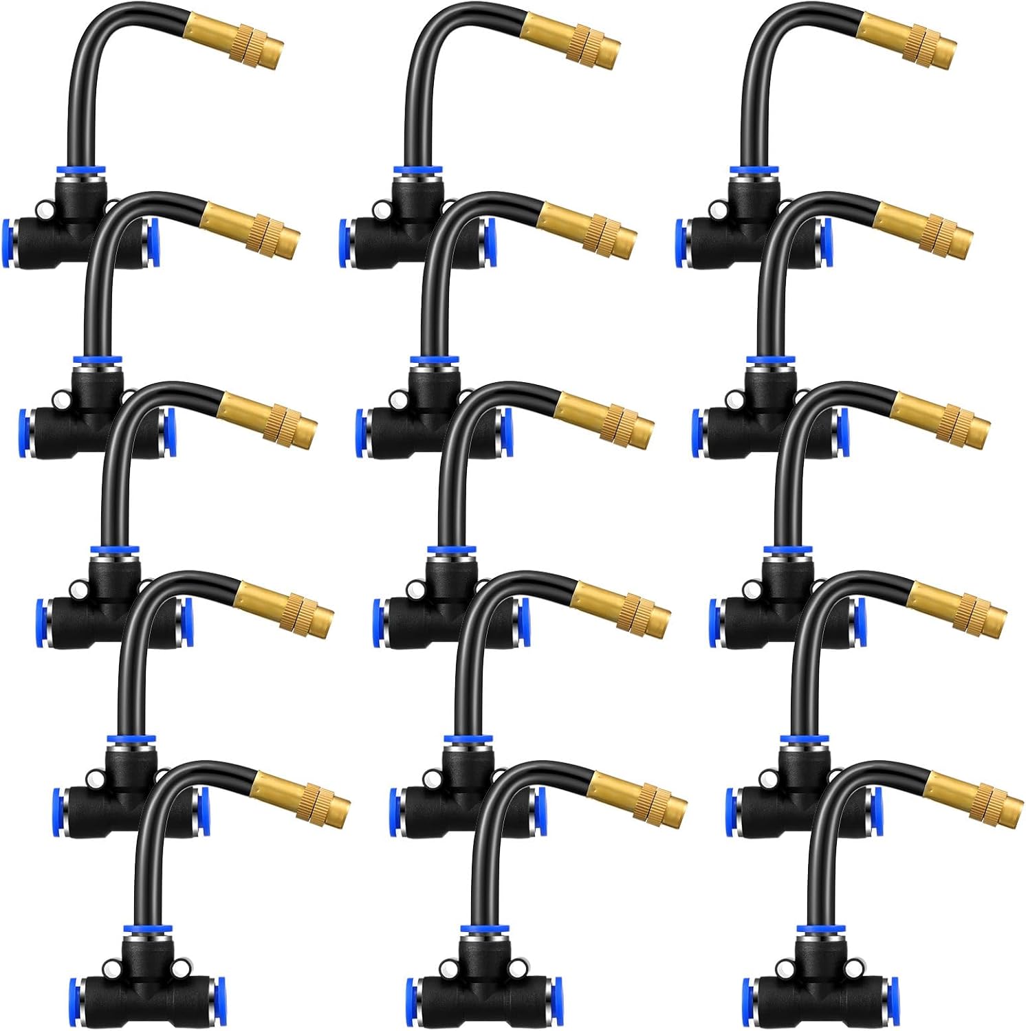 Zonon 15 Pcs Brass Misting Nozzles Tee with 16" Built in Hose for 0.32"/8 mm Tubing 360 Degree Rotation Adjustable Water Mister Nozzle Thread Sprayer Misting Part Accessories for Patio Outdoor Cooling
