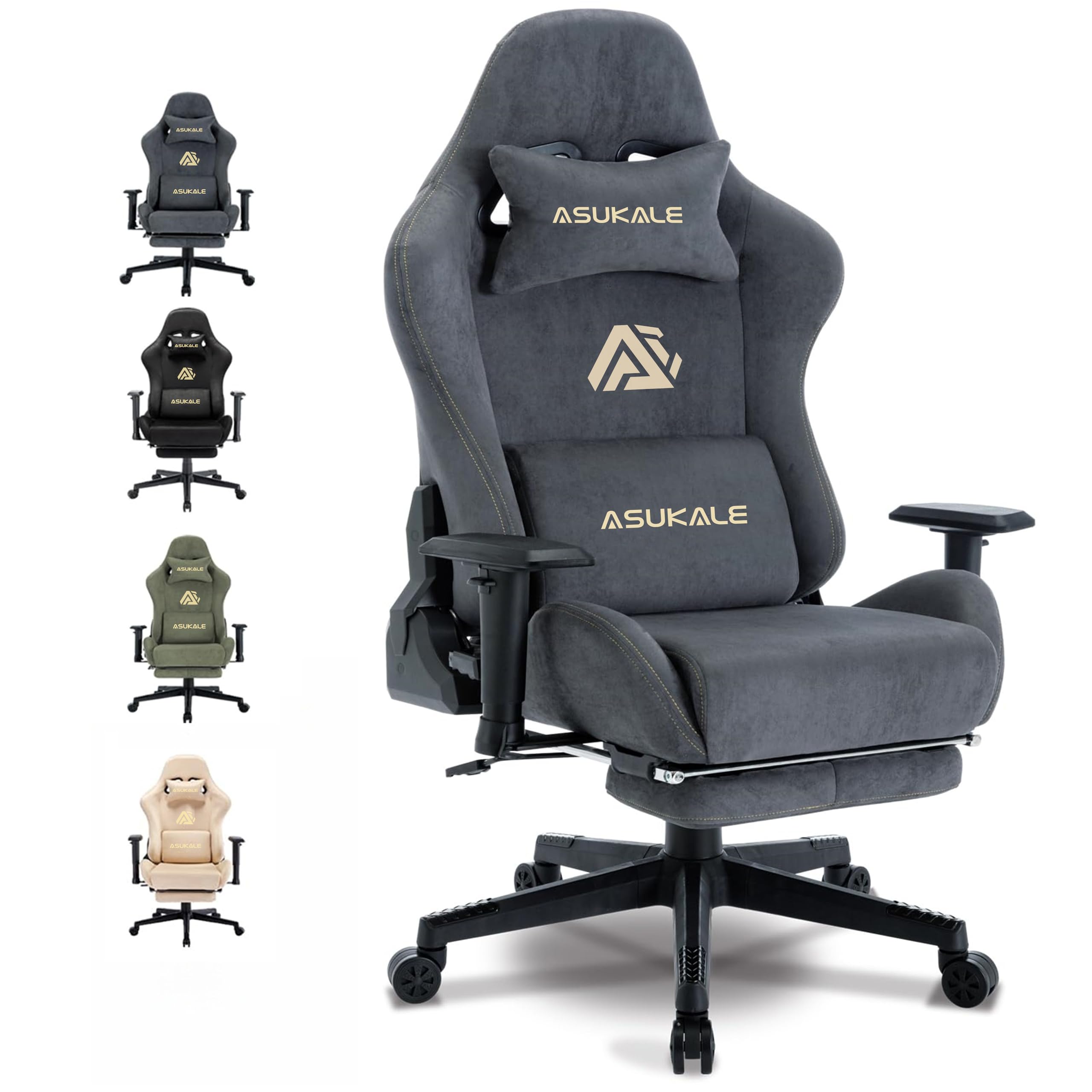 Gaming Stuhl, Atmungsaktiver Bürostuhl Ergonomisch aus Hochwertigem Stoff, PC-Stuhl mit Massage Lendenstütze, Verstellbarer und Drehbarer Schreibtischstuhl mit Fußstütze, Grau