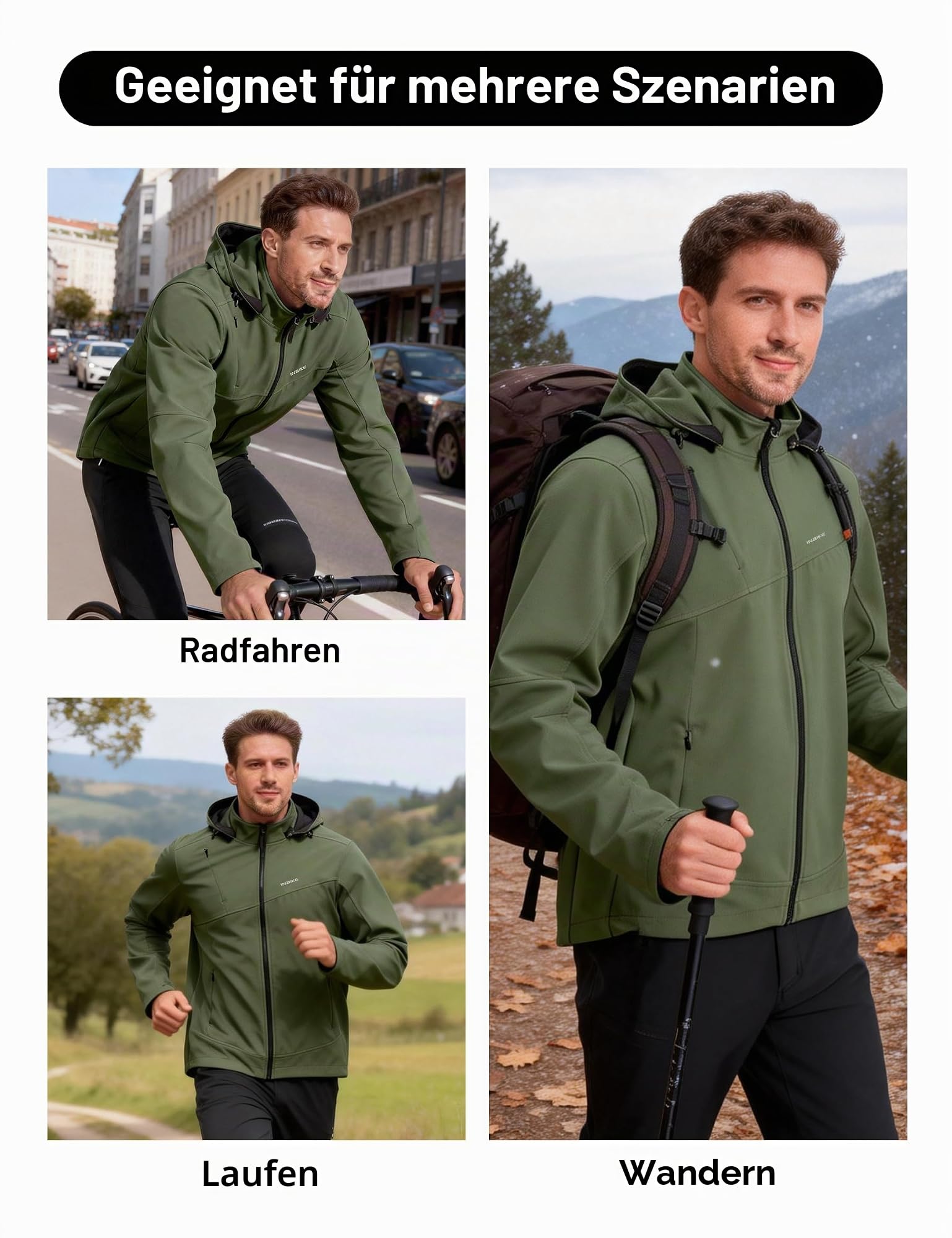 INBIKE Fahrradjacke Herren Winter Wasserdicht Winnddicht Warme Fleece Gefütterte Softshelljacke mit Kapuze Abnehmbar für Outdoor-Aktivitäten wie Radfahren Klettern Wandern ICM7105