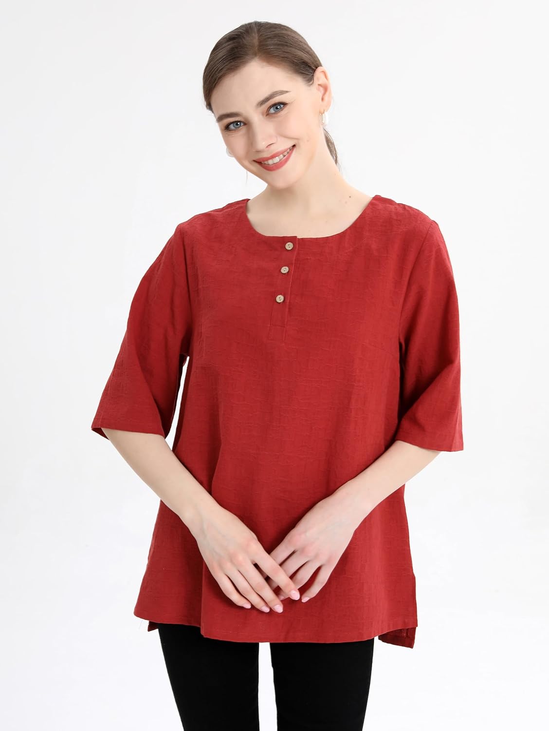 FTCayanz Women's Linen Tops Shirts Summer Casual Jacquard Tunic Blouse