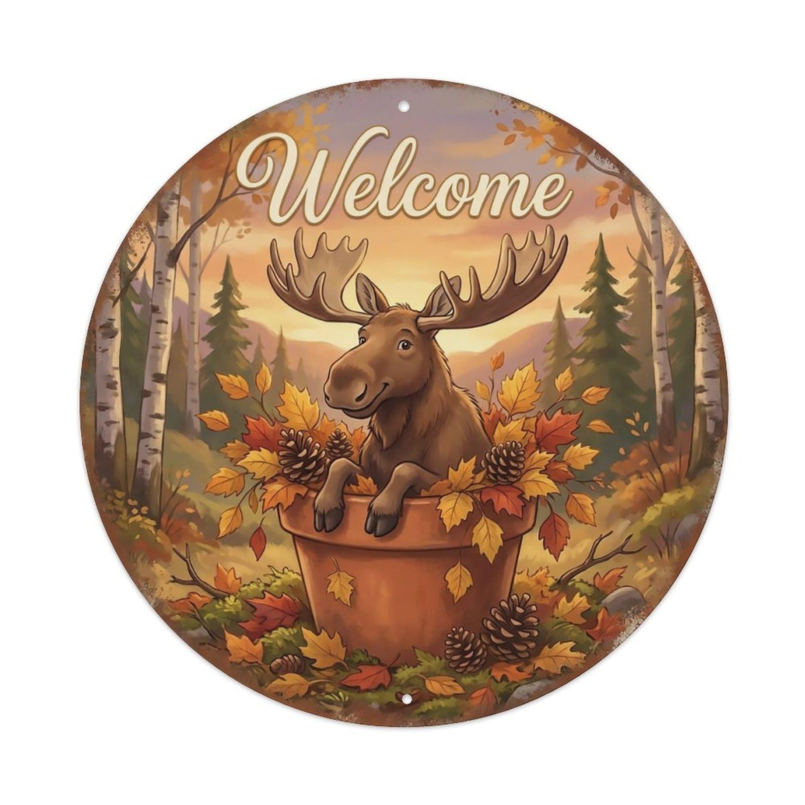 Welcome Moose Autumn Forest Metal Tin Sign