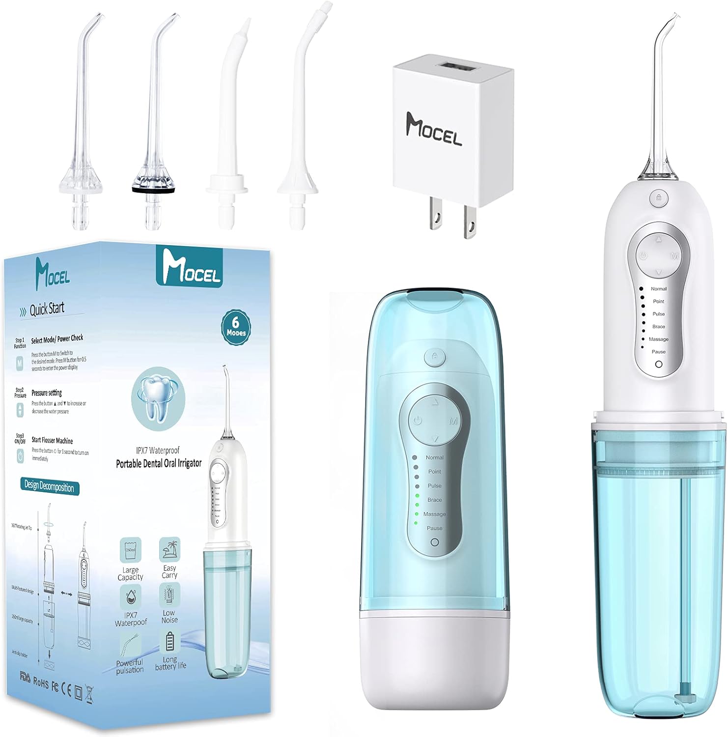 MOCEL Cordless Water Dental Flossing with 8 Level Pressure- 260ML Portable DIY Teeth Cleaner and Rechargeable IPX7 Waterproof 6 Modes Floss, Small Oral Irrigation for Travel, Braces & Bridges Care : Beauty & Personal Care