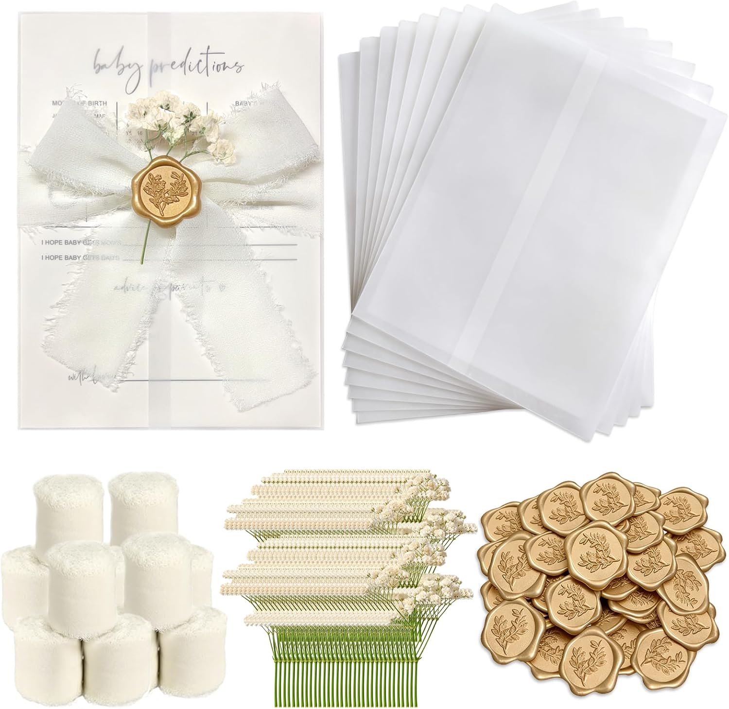 50 Sets Wedding Invitation Kit, Pre-Folded Vellum Jackets for 5x7 Invitations Accessories Wax Seal Stickers Ribbon & Dried Flowers for DIY Wedding Invites