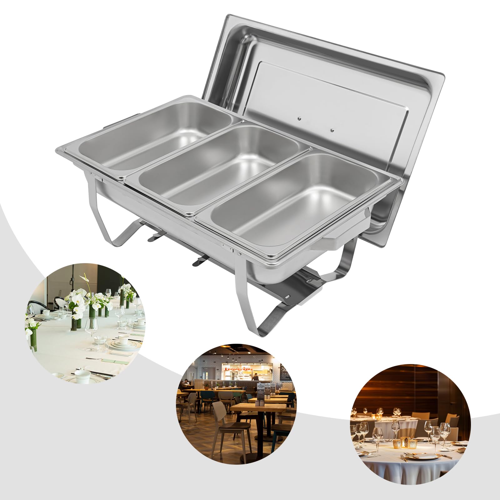 Chafing Dish - Set da buffet da 5 l, 3 pezzi, in acciaio inox, con coperchio e supporto per combustibile, scaldavivande per catering, buffet, feste, matrimoni, ristoranti, 60 x 34,5 x 30 cm, argento