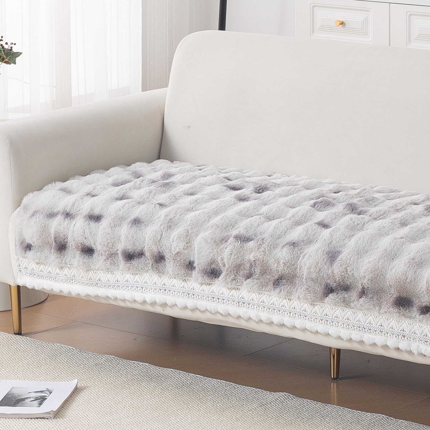HOKIPO Faux Rabbit Fur Sofa Cover with Lace for 1/2/3 Seater & L Shape Sofa | Anti-Slip DIY Sofa Cover Set | 'Gradient Rabbit Plush Series' | 90(W) x 60(L) cm | Grey (AR-6644-GRY)-image-21
