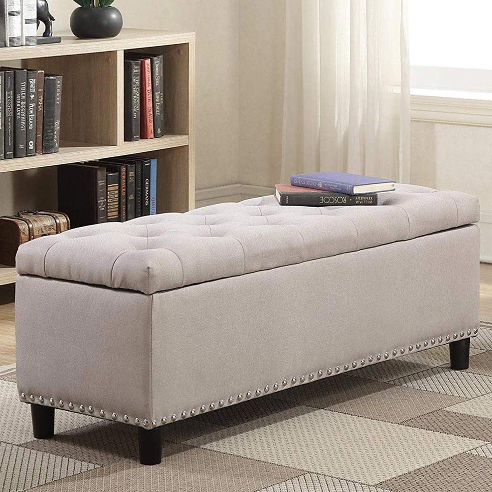 BAKAJI Cassapanca Pouf Contenitore Poggiapiedi per Camera da Letto Panca Sgabello con Struttura in Legno Rivestimento in Tessuto Seduta Apribile Imbottita Dimensioni: 121 x 42 x 43 cm (Beige)